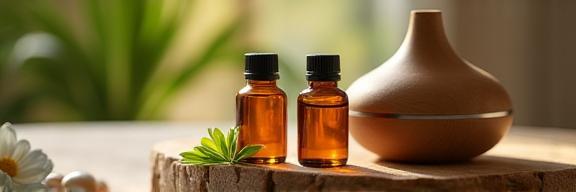 Bouteilles d’huiles essentielles avec diffuseur dans un décor zen
